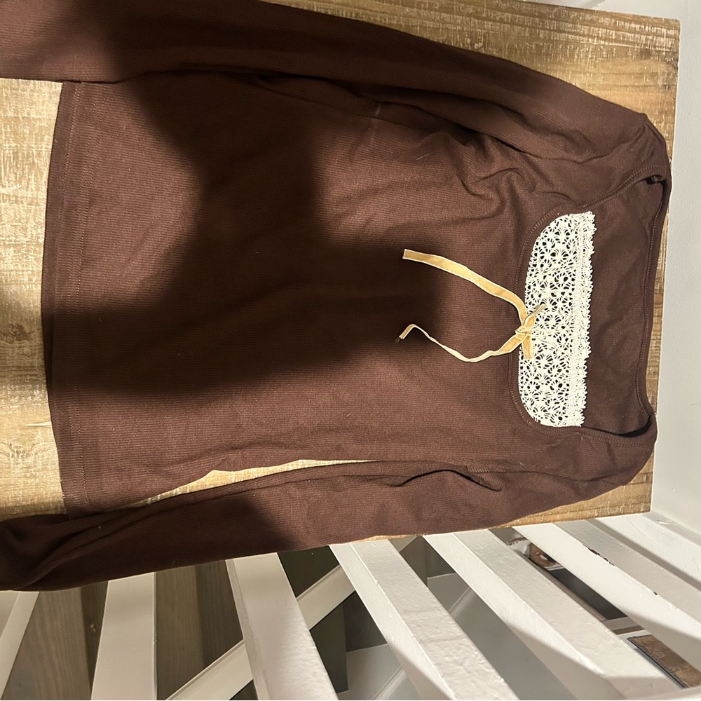 Brown Long Sleeve Top with Lace Detail
